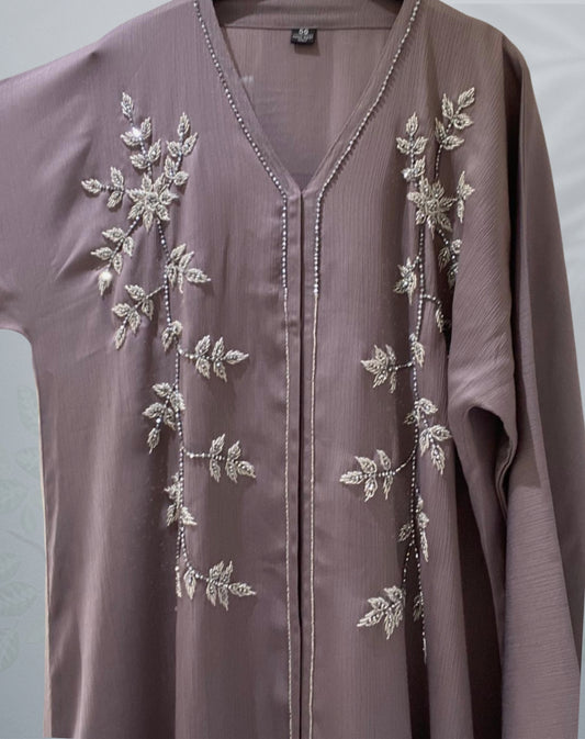 Lilac Soft Embellished Textured Open Abaya - Free Jersey Scarf