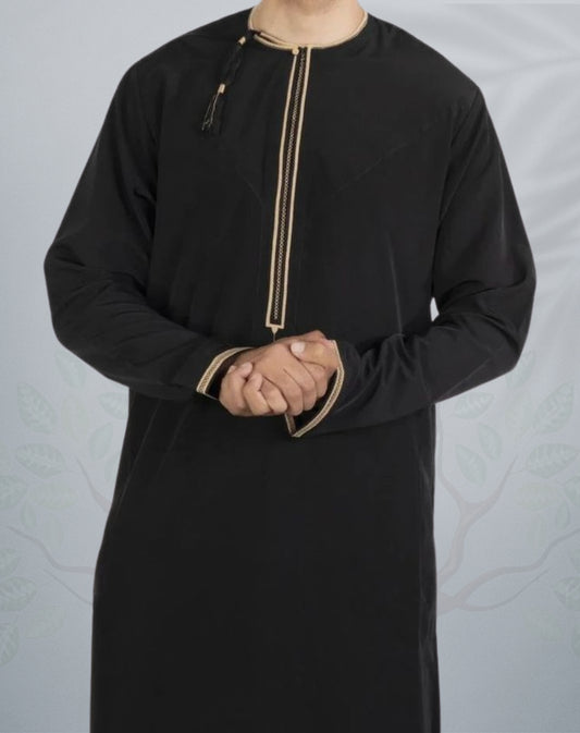 Mens Black & Gold Patterned Omani Jubba XL Size - Tarz Al-Sultan Thobes