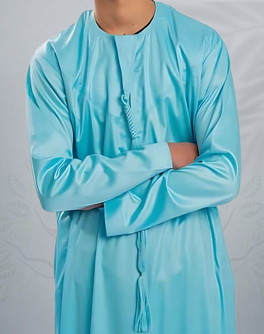 Boys Shiny Blue Emirati Jubba - Luxurious Shine Thobes
