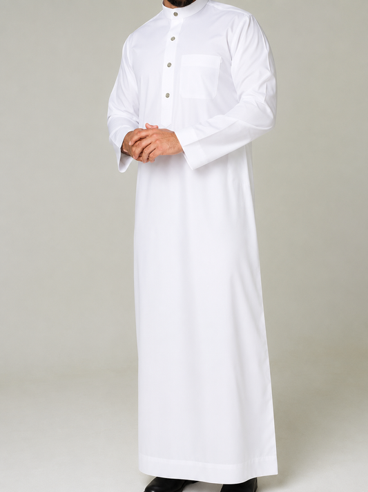 Men's White Collar Jubba With Pearl Button and Top Pocket - Men's Collar Thobes