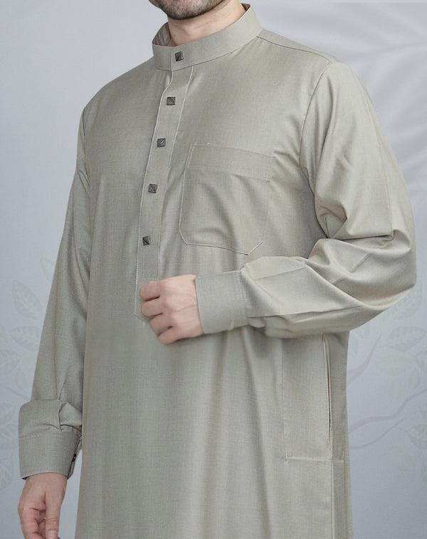 Premium Mens Stone Beige Soft Collar Jubba With Designer Buttons - Al Tawila Collection