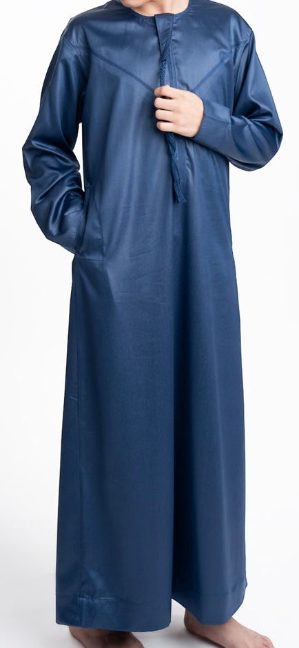 Boys Navy Blue Shiny Emirati Jubba - Shiny Navy Blue Kids Thobes - Taimoor Collection