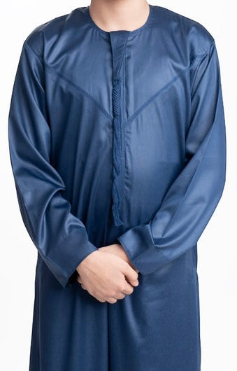 Boys Navy Blue Shiny Emirati Jubba - Shiny Navy Blue Kids Thobes - Taimoor Collection