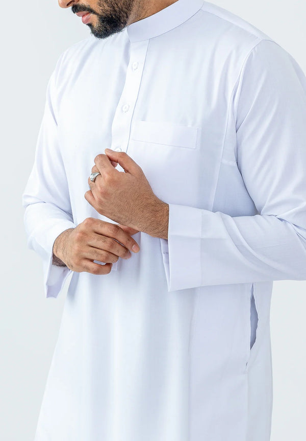 Mens White Collar Jubba in Matt With Top Pocket